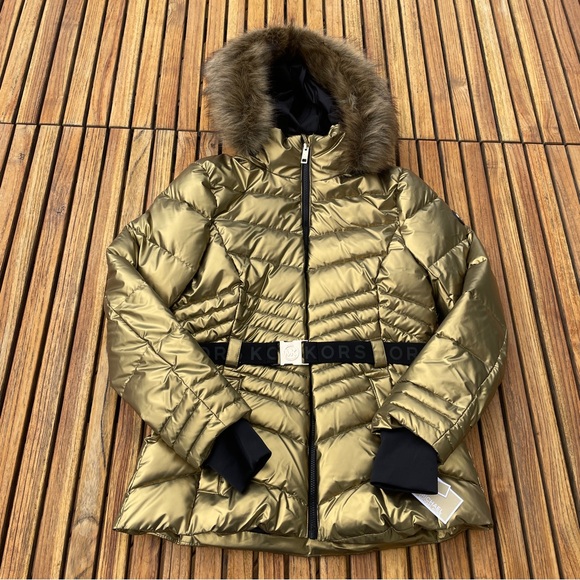 Michael Kors Metallic Gold Quilted Hooded Faux Fur Puffer Coat Size Medium - Picture 3 of 7